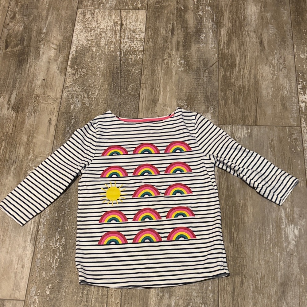 Mini Boden White Navy Stripe Long-Sleeve Top with Rainbow & Yellow Sun size 6/7